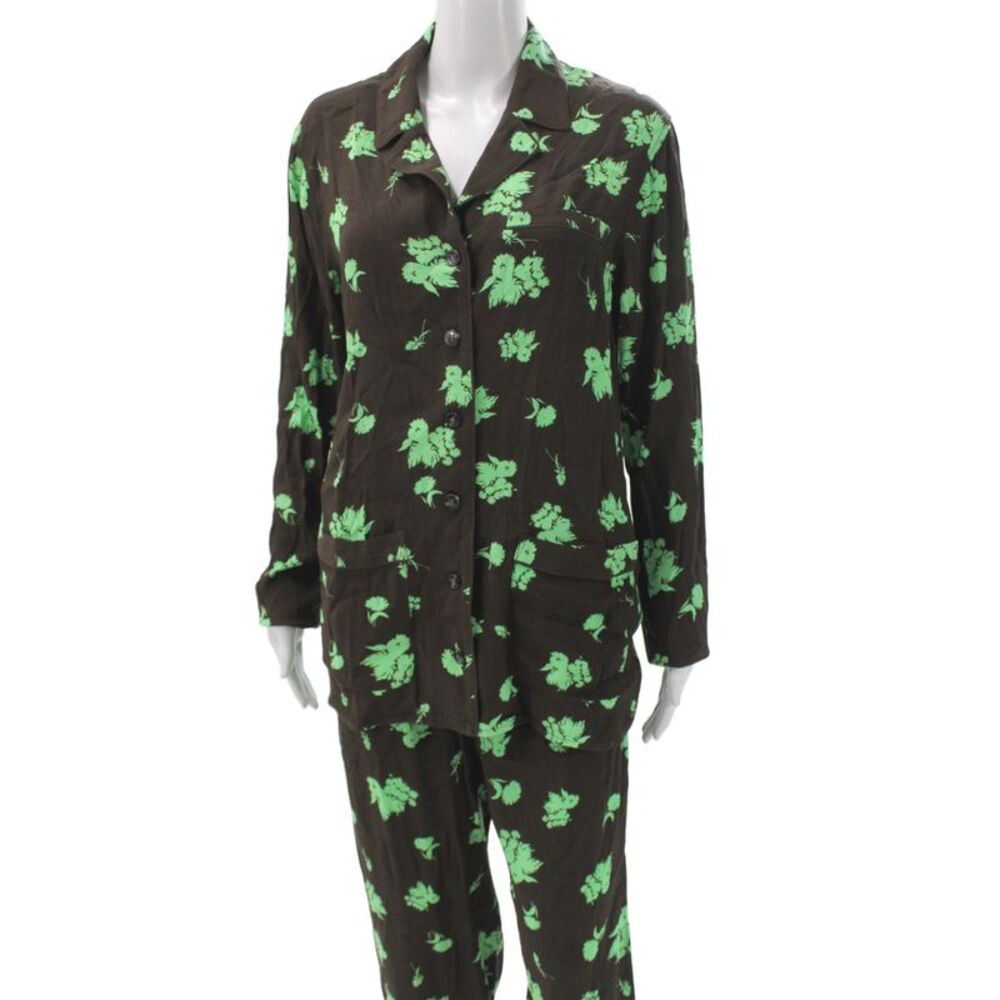 Ganni Womens Floral Pajama Set Brown Collared Long Sleeve Size 34 - Picture 2 of 9